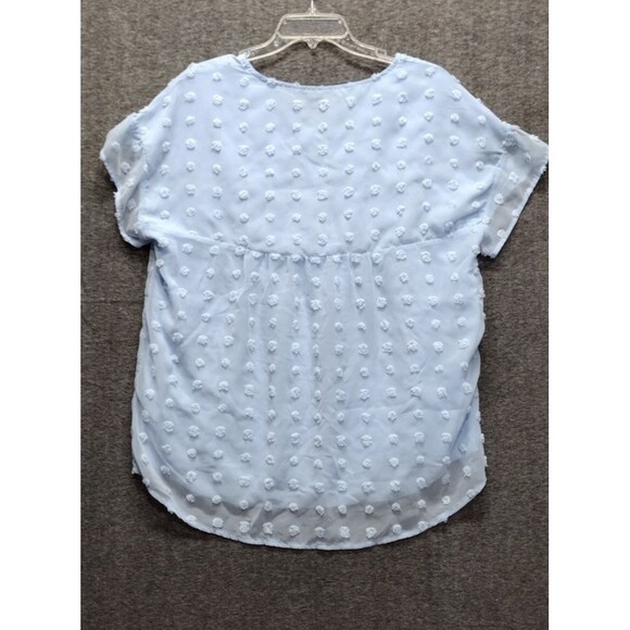 Womens Chiffon Dot Blouse Large Light Blue Cap Sleeve V Neck Sheer Underlay READ - Picture 7 of 10